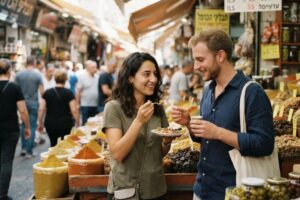 דוכני אוכל צבעוניים ותוססים בשוק הכרמל בתל אביב