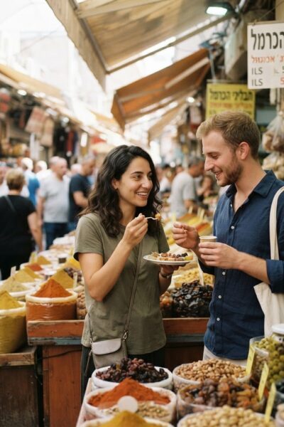דוכני אוכל צבעוניים ותוססים בשוק הכרמל בתל אביב