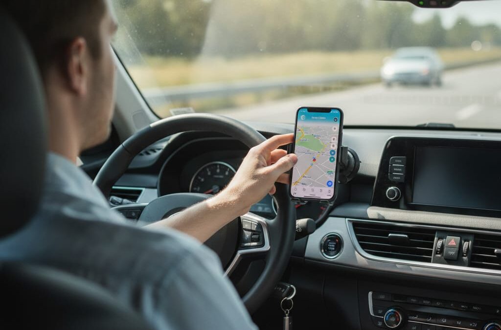 נהג משתמש במעמד טלפון מותקן על לוח המחוונים ברכב